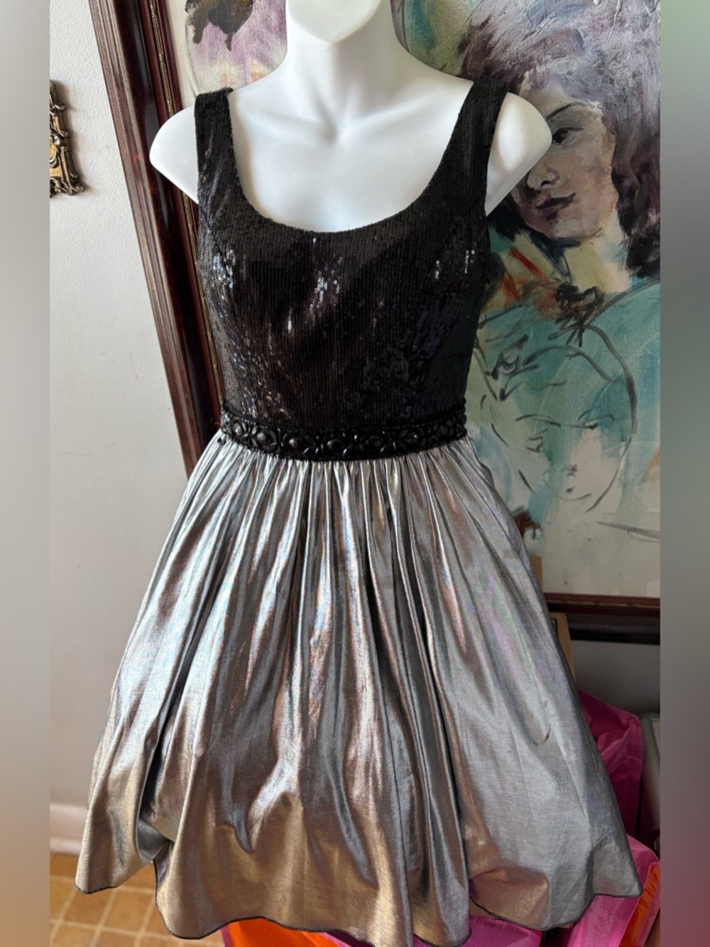 Black Sequin & Silver Metallic Prom Dress